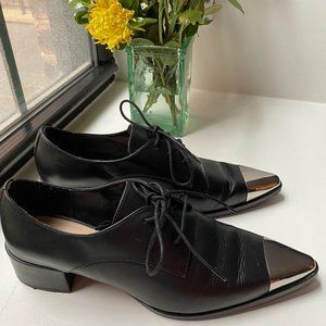 Zara Black Metallic Pointed Toe Flat Leather Shoes Size 7